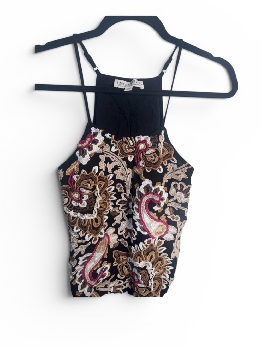 Idyllwind Black Paisley Embroidered Halter Camisole with Gold & Maroon Accents